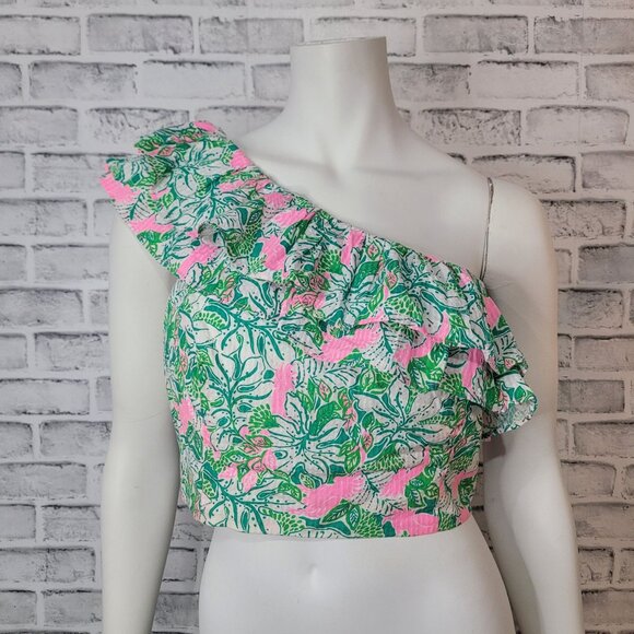 Lilly Pulitzer Kasida TOP ONLY One Shoulder Ruffle Crop Botanical Green Size 8 - Picture 1 of 7